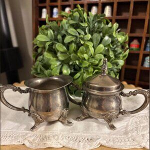 Vintage Miniature/Personal Size Silver-Plated Creamer & Sugar Set (patina)